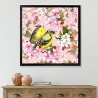 DesignArt 'Птици на розова цреша Сакура и цвеќиња од јаболка I' Традиционален врамен уметнички принт